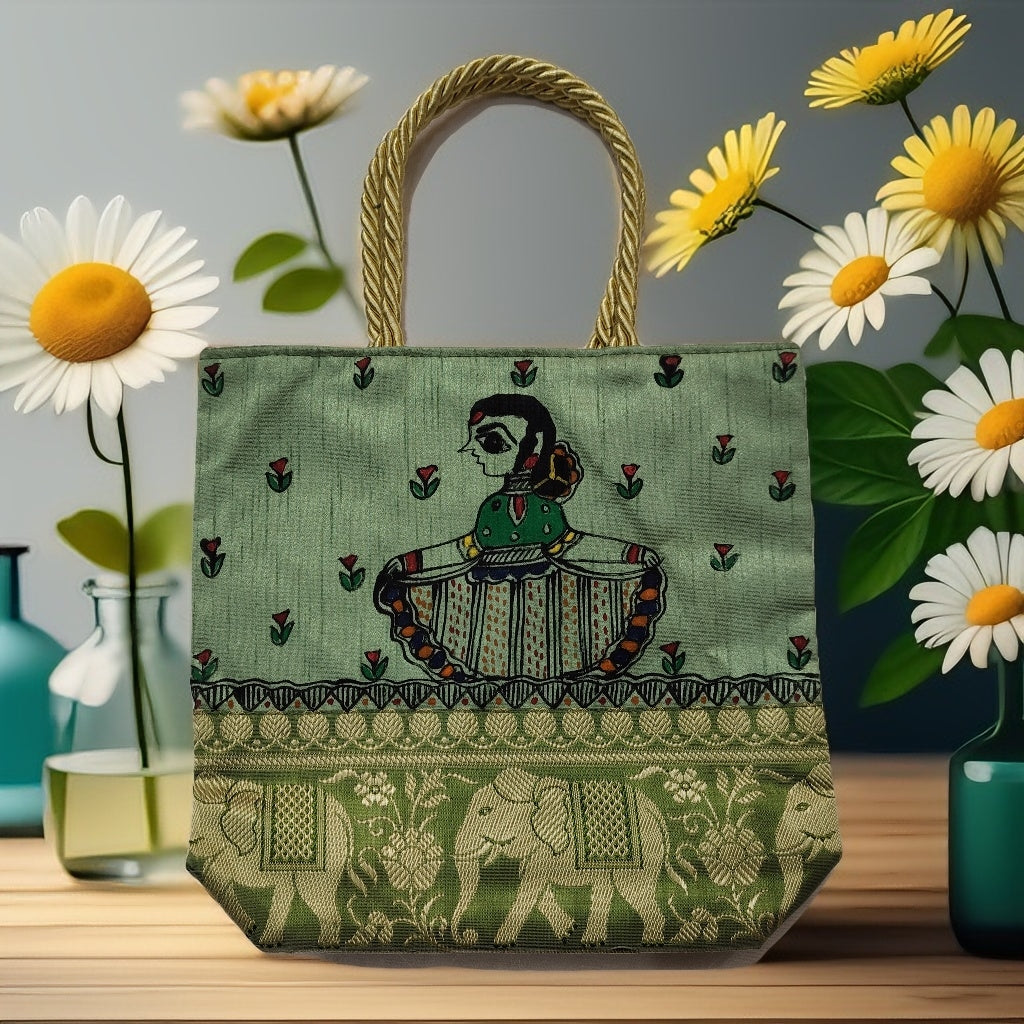 Handpainted Madhubani Bag – Green with Brocade Border, a Dancing girl